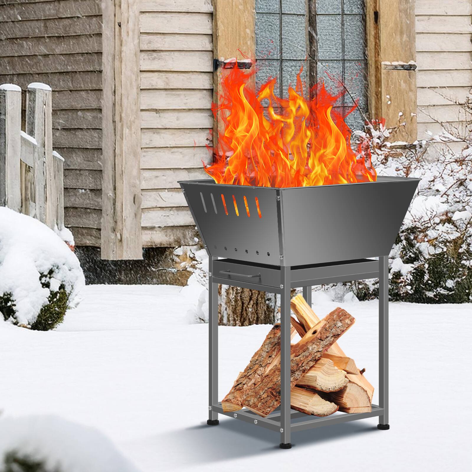 Angle. Oumilen - Square Steel Outdoor Fire Pit with Grill & Firewood Storage.