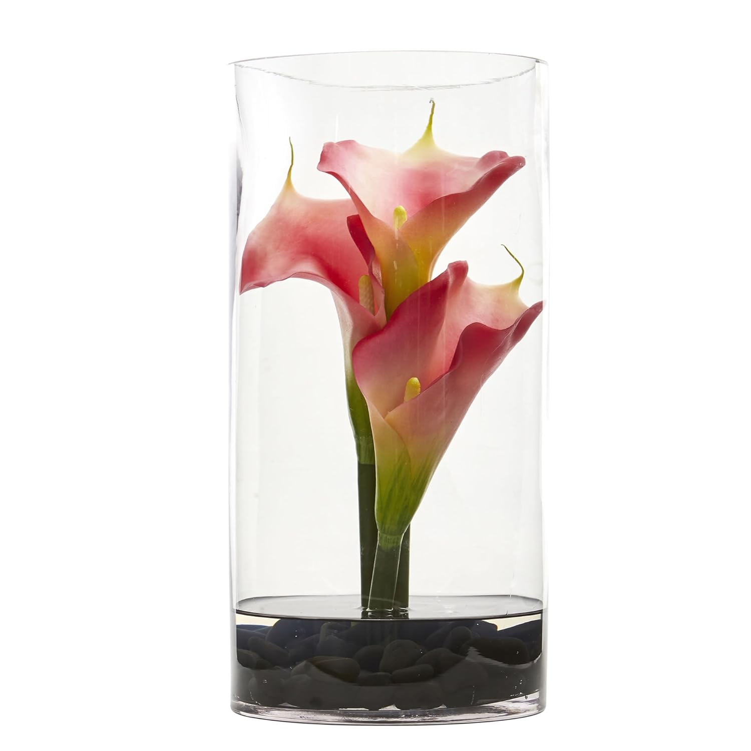 Front. BreeBe - 14" Calla Lily in Cylinder Glass Vase - Pink.