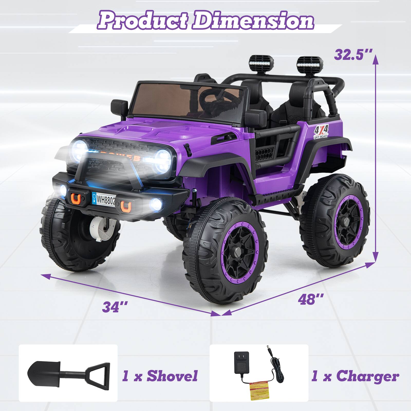 Product Dimension

32.5"  
4/4 P  
SOWEB U  
0 a  
WH8802 U  
C L L LA C  
4 7  
34"  
48"  
1 x Shovel  
1 x Charger