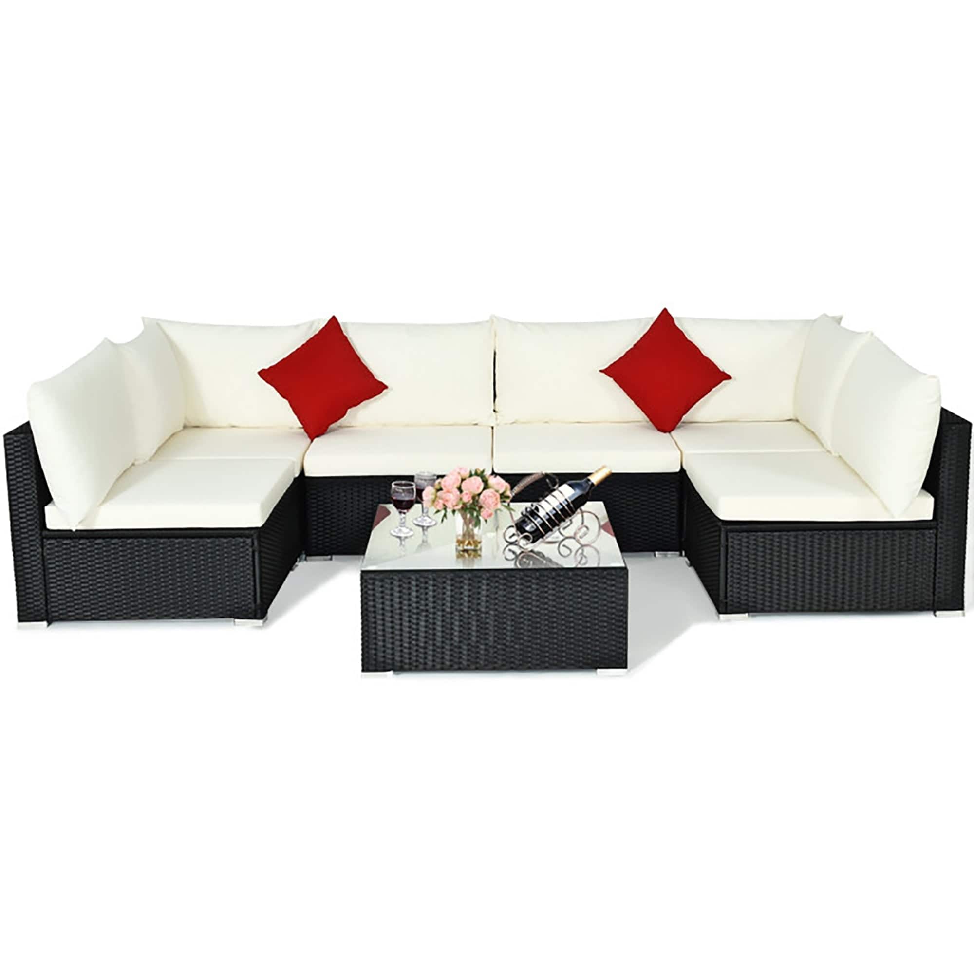 Boyel Living - 7 Pieces Sectional Wicker Furniture Sofa Set with Tempered Glass Top Coffee Table - Beige