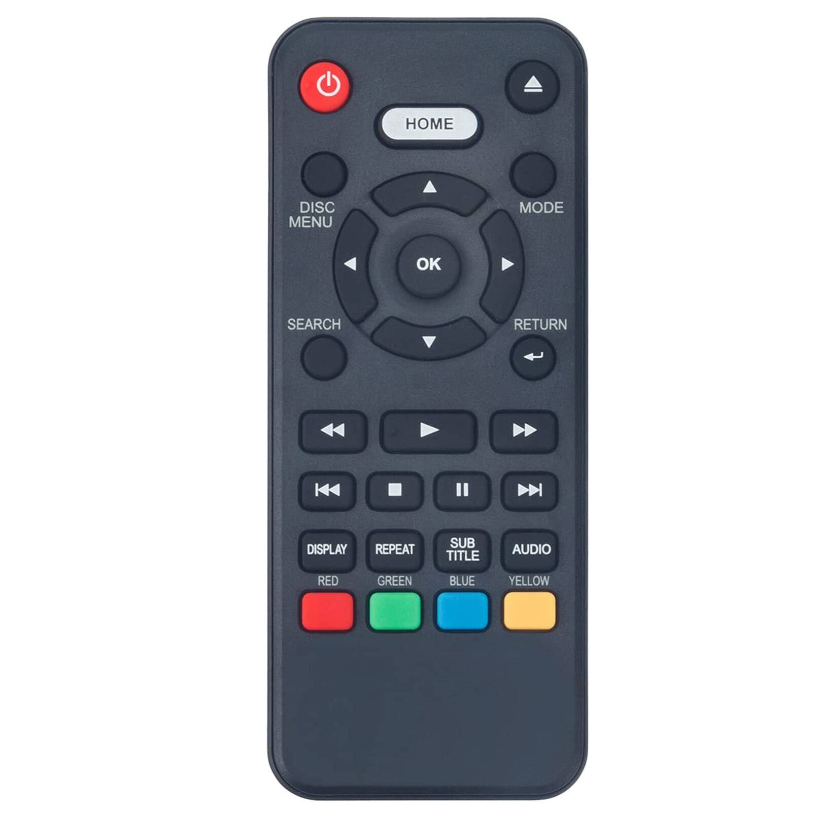 HOME  
DISC MENU  
MODE  
OK  
SEARCH  
RETURN  
DISPLAY  
REPEAT  
SUB TITLE  
AUDIO  
RED  
GREEN  
BLUE  
YELLOW