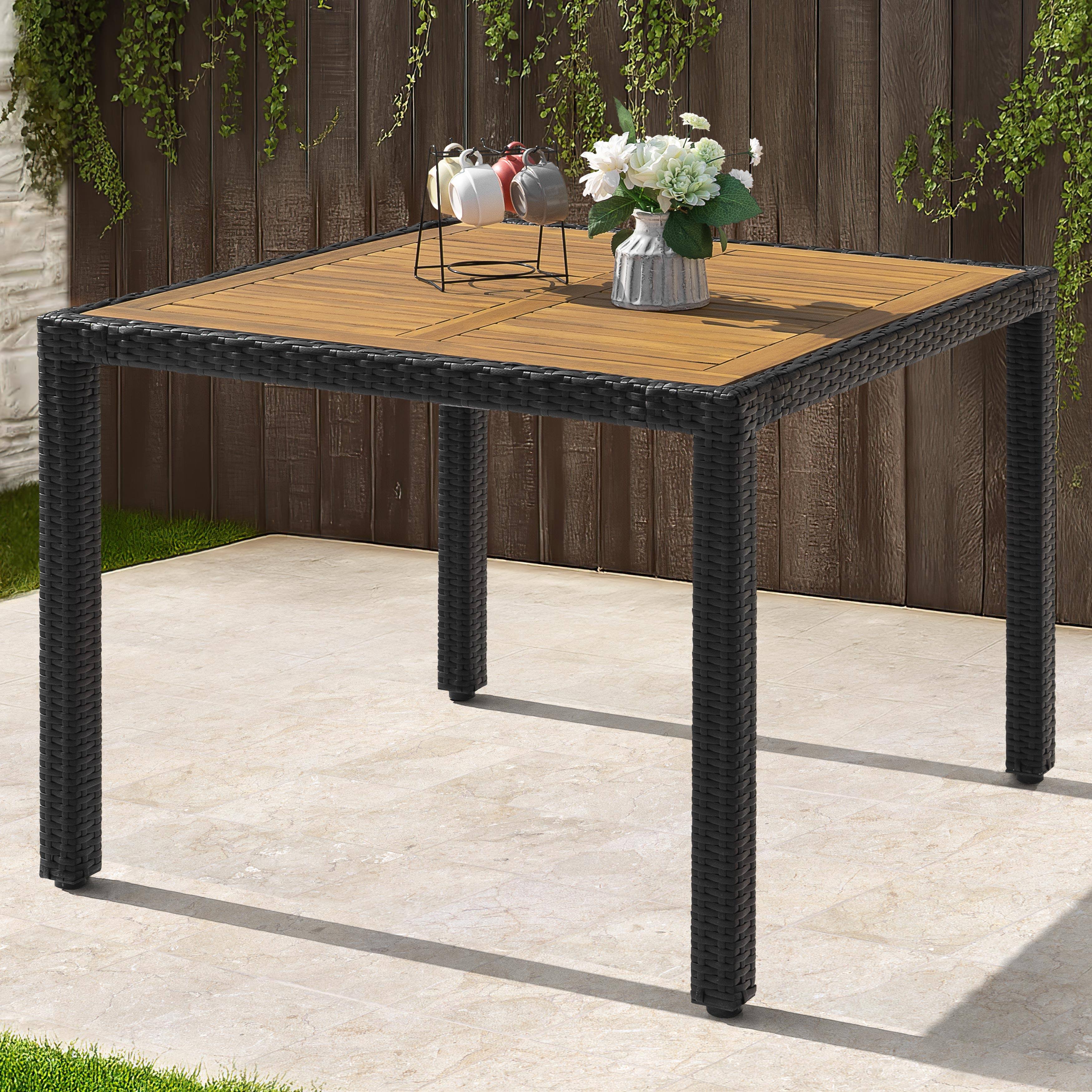 Alt View 6. Nuu Garden - Outdoor Patio 36" Square Dining Table with Acacia Wood Tabletop and PE Rattan-Wrapped Metal Frame - Black.