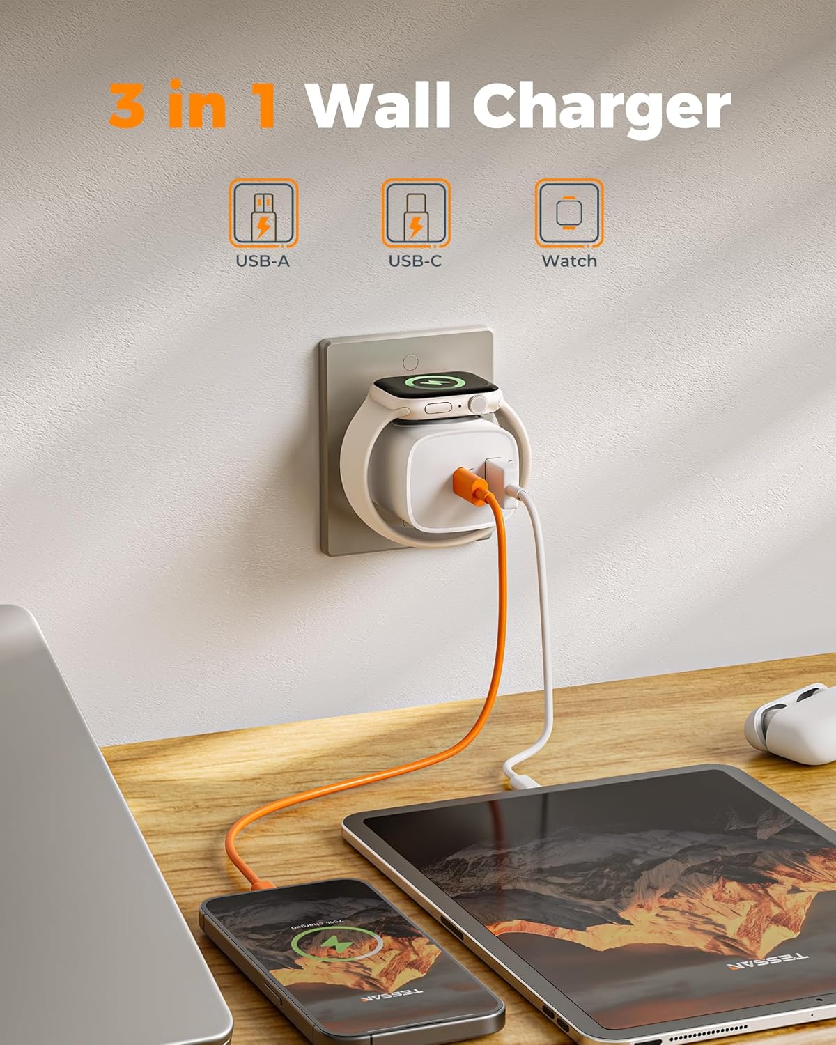 3 in 1 Wall Charger  
USB-A USB-C Watch