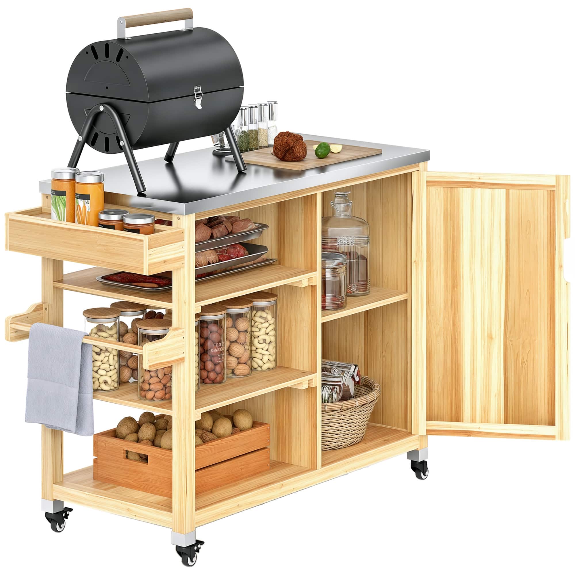 Photos - BBQ Accessory Outsunny  Grill Cart with Stainless Steel Top, Solid Wood Outdoor Kitchen Island with Wheels - Natural Wood 846-151V00ND 