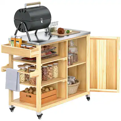 Front. Outsunny - Outdoor Grill Cart with Wheels and Storage Cabinet, Solid Wood Outdoor Kitchen Island with Stainless Steel Top - Natural Wood.