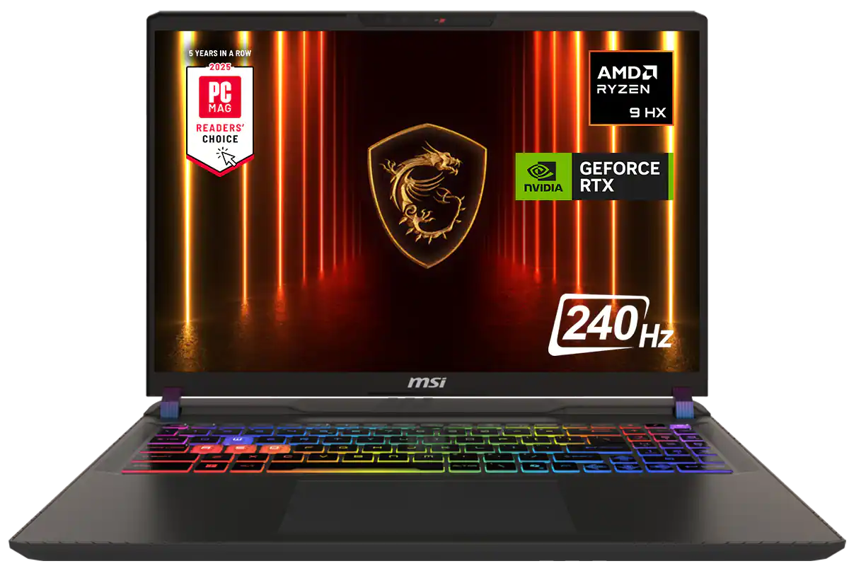 5 YEARS IN A ROW
2025
PC MAG READERS' CHOICE
AMD RYZEN 9 HX
GEFORCE RTX
240 Hz
msi