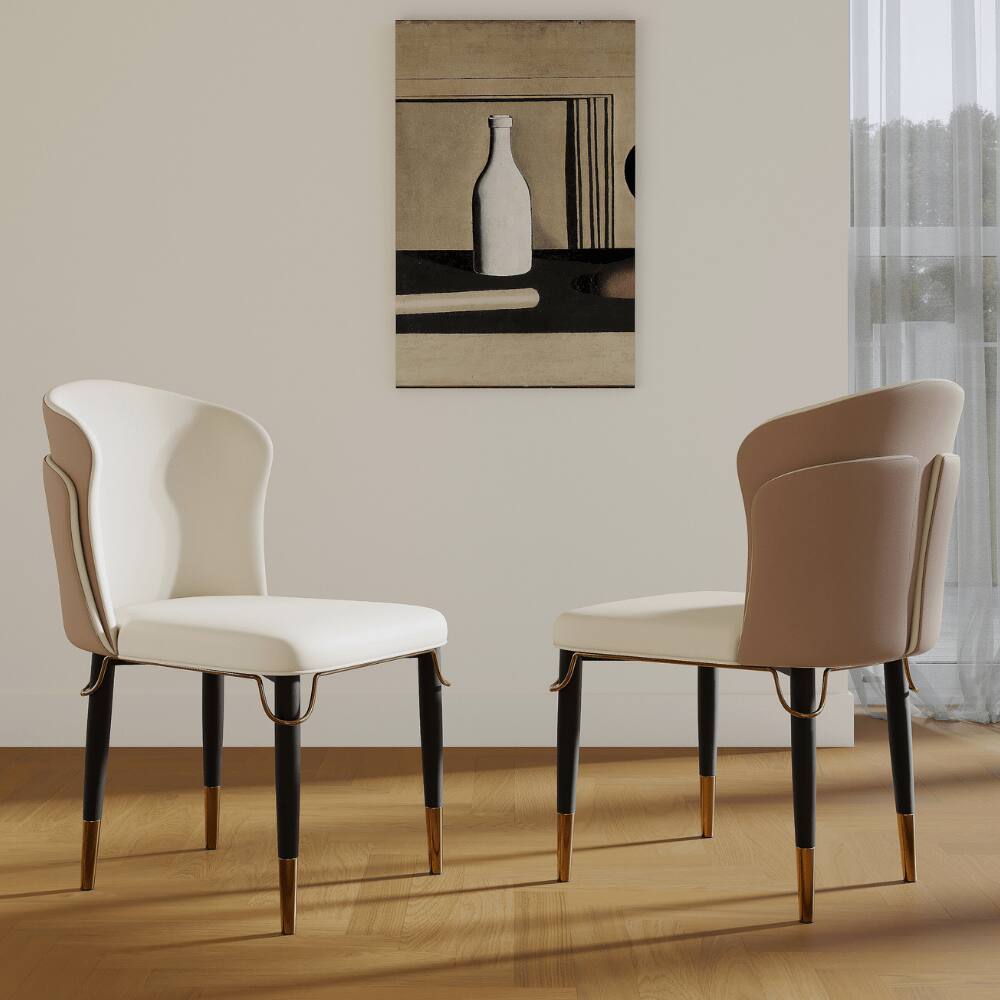 Back. POVISON - Modern Upholstered Dining Chairs Set of 2, Wingback Leather Side Chairs, Brown & Beige - Brown & Beige.