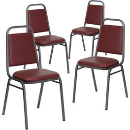 Emma + Oliver - 4 Pack Trapezoidal Back Stacking Banquet Chair - Burgundy Vinyl/Silver Vein Frame