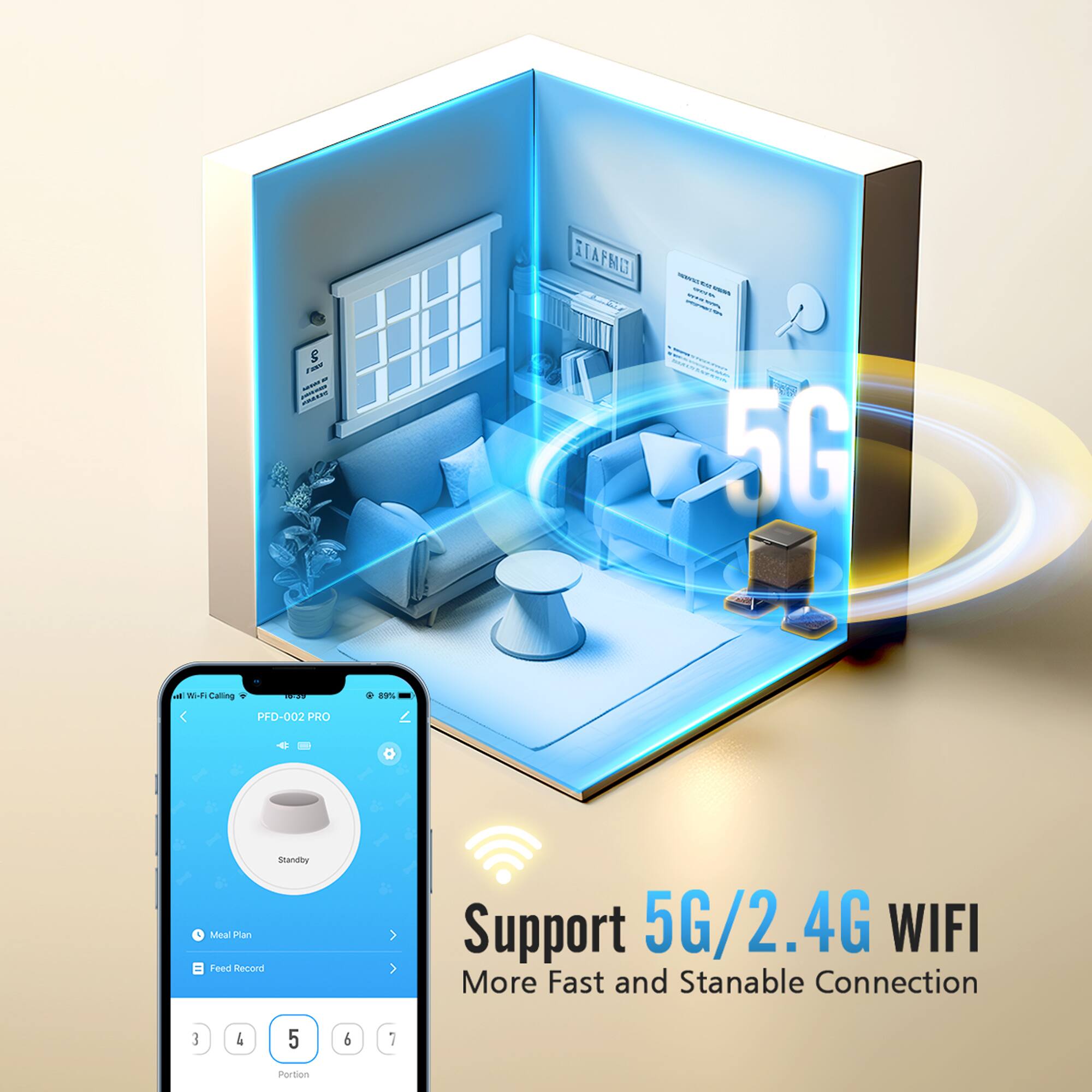 STAFMG - 5G WiFi Calling - 89% LPFD-002 PHO - Standby Meal Plan Feed Record Support 5G/2.4G WIFI More Fast and Stable Connection 5 6 1 Partition