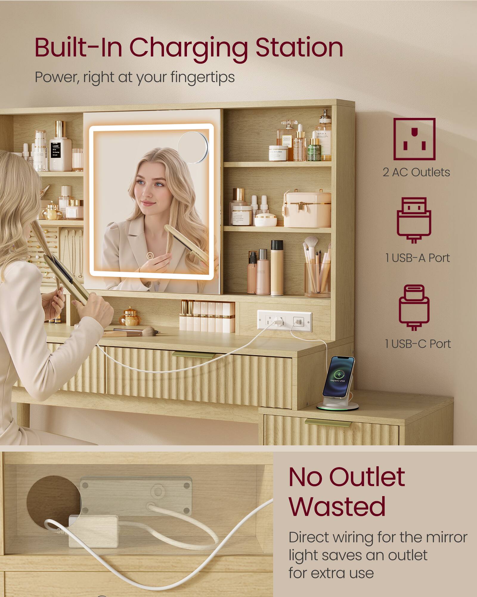 Built-In Charging Station  
Power, right at your fingertips

2 AC Outlets  
1 USB-A Port  
1 USB-C Port

No Outlet Wasted  
Direct wiring for the mirror light saves an outlet for extra use