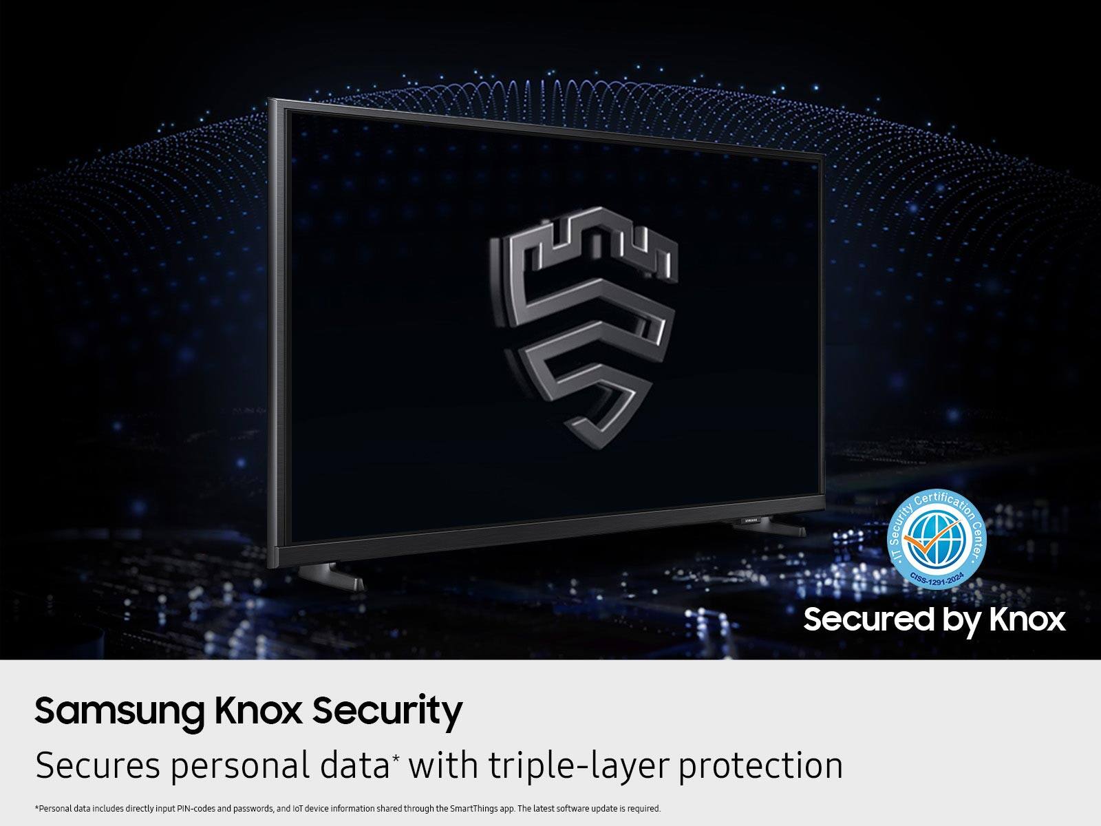 The text on the image reads: "Samsung Knox Security secures personal data with triple-layer protection. Personal data includes directly input PIN codes and passwords, and let device information shared through the SmartThings app. The latest software update is required."