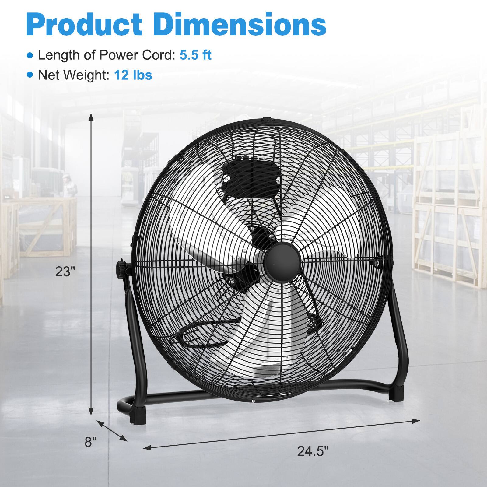 Product Dimensions  
- Length of Power Cord: 5.5 ft  
- Net Weight: 12 lbs  

23"  
8"  
24.5"