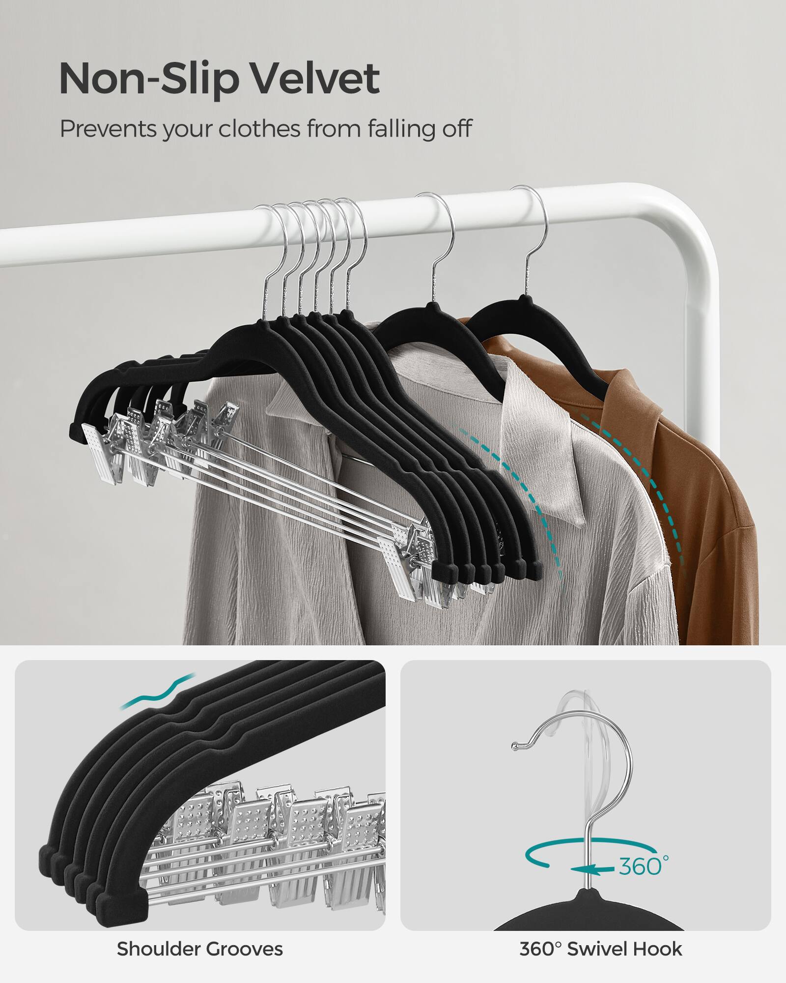 Non-Slip Velvet Prevents your clothes from falling off

360° Shoulder Grooves

360° Swivel Hook