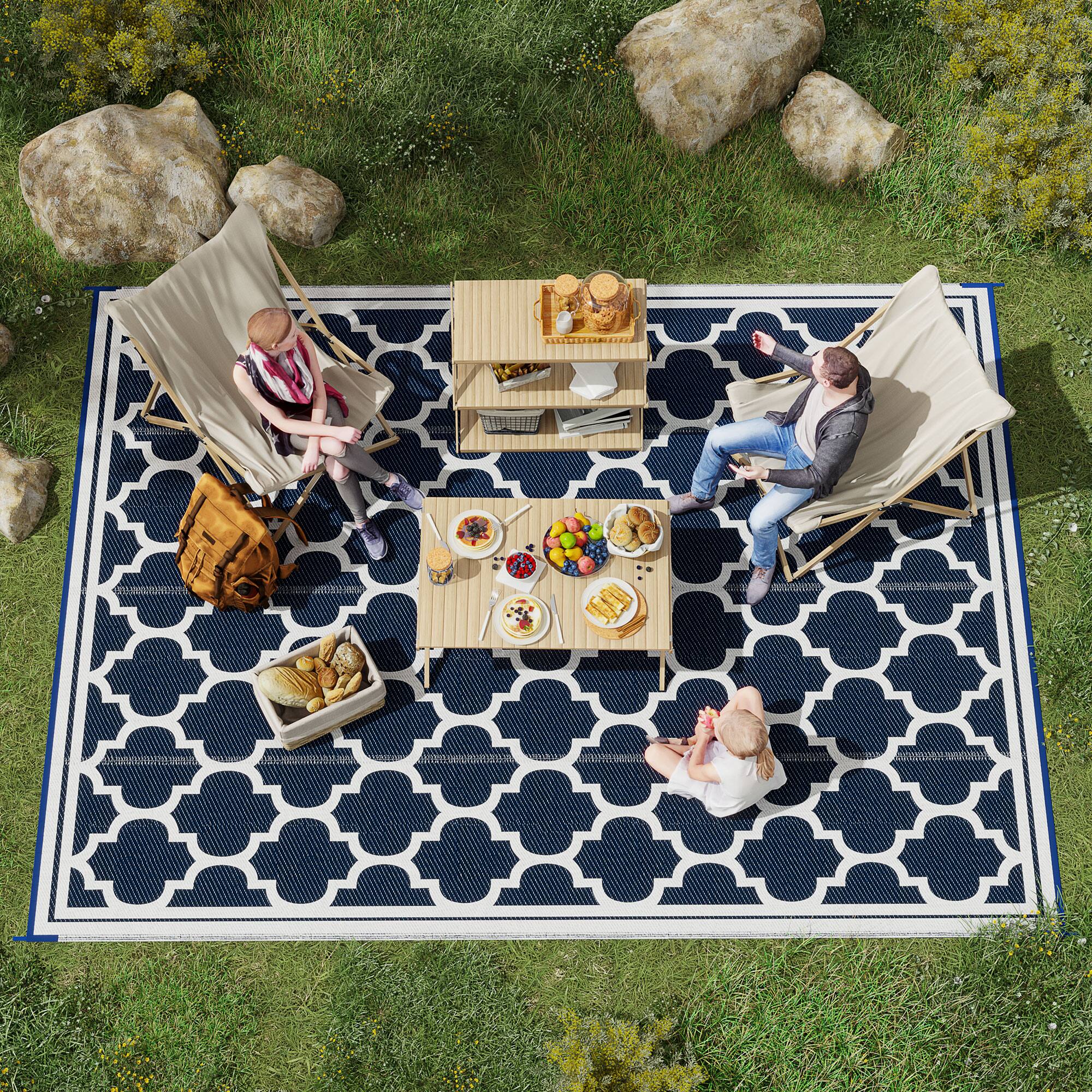 Alt View 1. Outsunny - Outdoor Rug, 9' x 12' Plastic Rug - Dark Blue, White.
