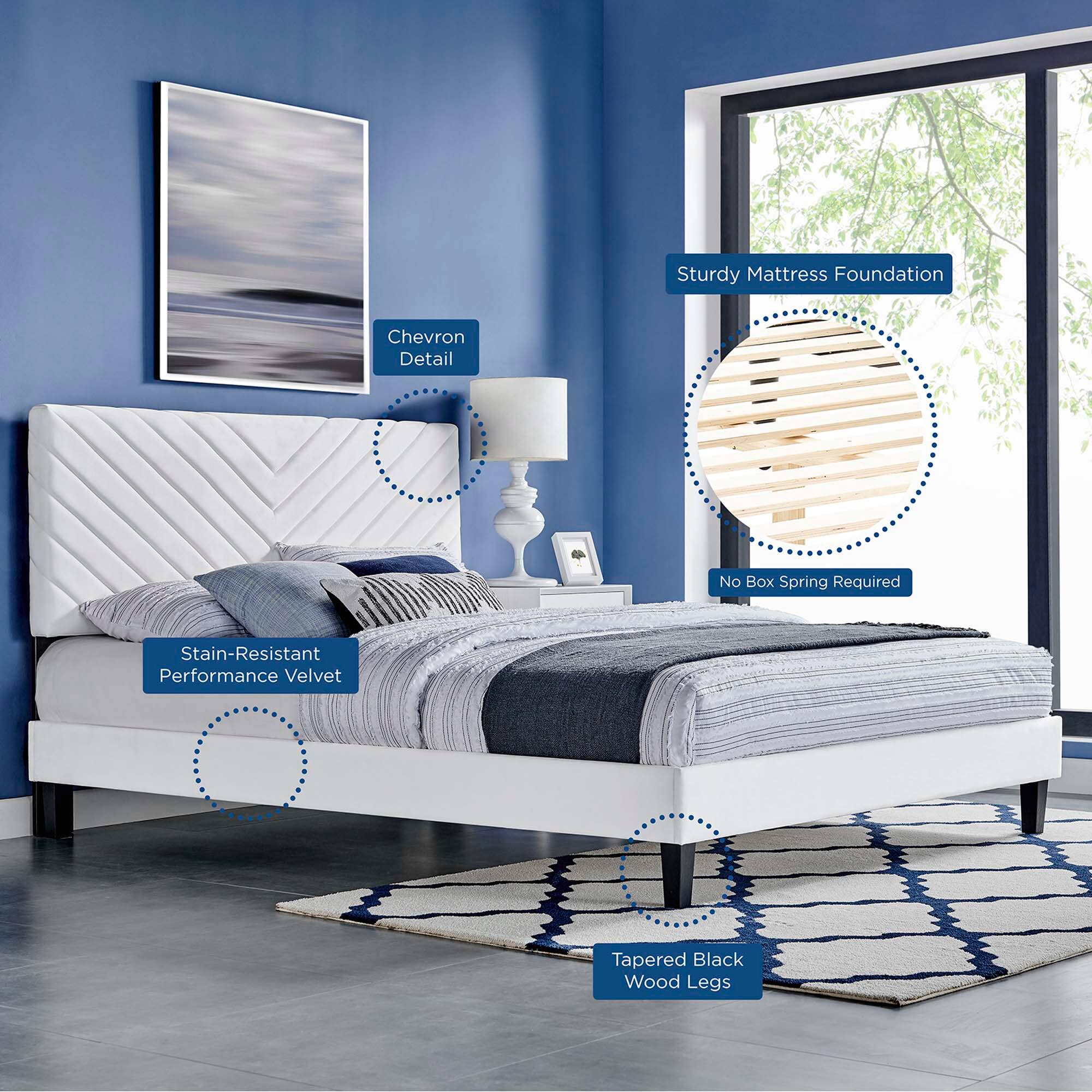 - Sturdy Mattress Foundation
- Chevron Detail
- No Box Spring Required
- Stain-Resistant Performance Velvet
- Tapered Black Wood Legs