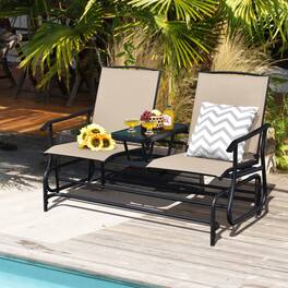 Mondawe - 2-Person Rocking Loveseat w/ Center Tempered Glass Table, Double Outdoor Glider Bench with Mesh Fabric - Beige
