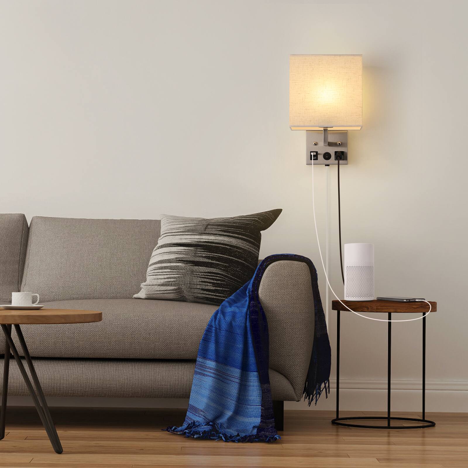Left. Oumilen - 2 Pack Plug-in Wall Sconce – Brushed Nickel Lamp with Beige Linen Shade & USB Ports.