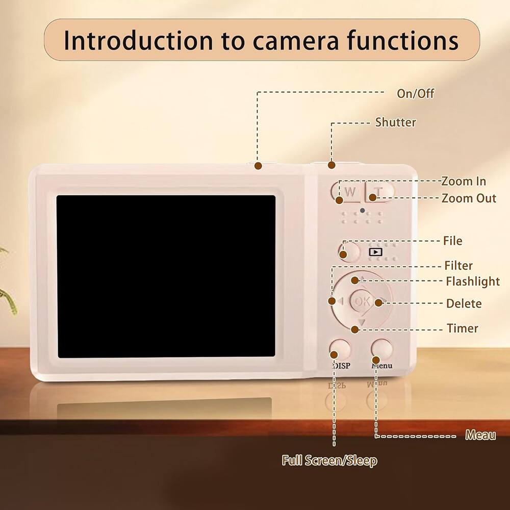 Introduction to camera functions

- On/Off
- Shutter
- Zoom In
- Zoom Out
- File
- Filter
- Flashlight
- Delete
- Timer
- DISP
- Menu
- Full Screen/Sleep
- Menu