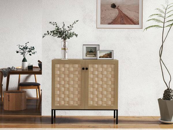 Back. Bestier - Wood Storage Cabinet with Woven Solid Wood Door, Large Capacity Storage and Metal Legs - wooden.
