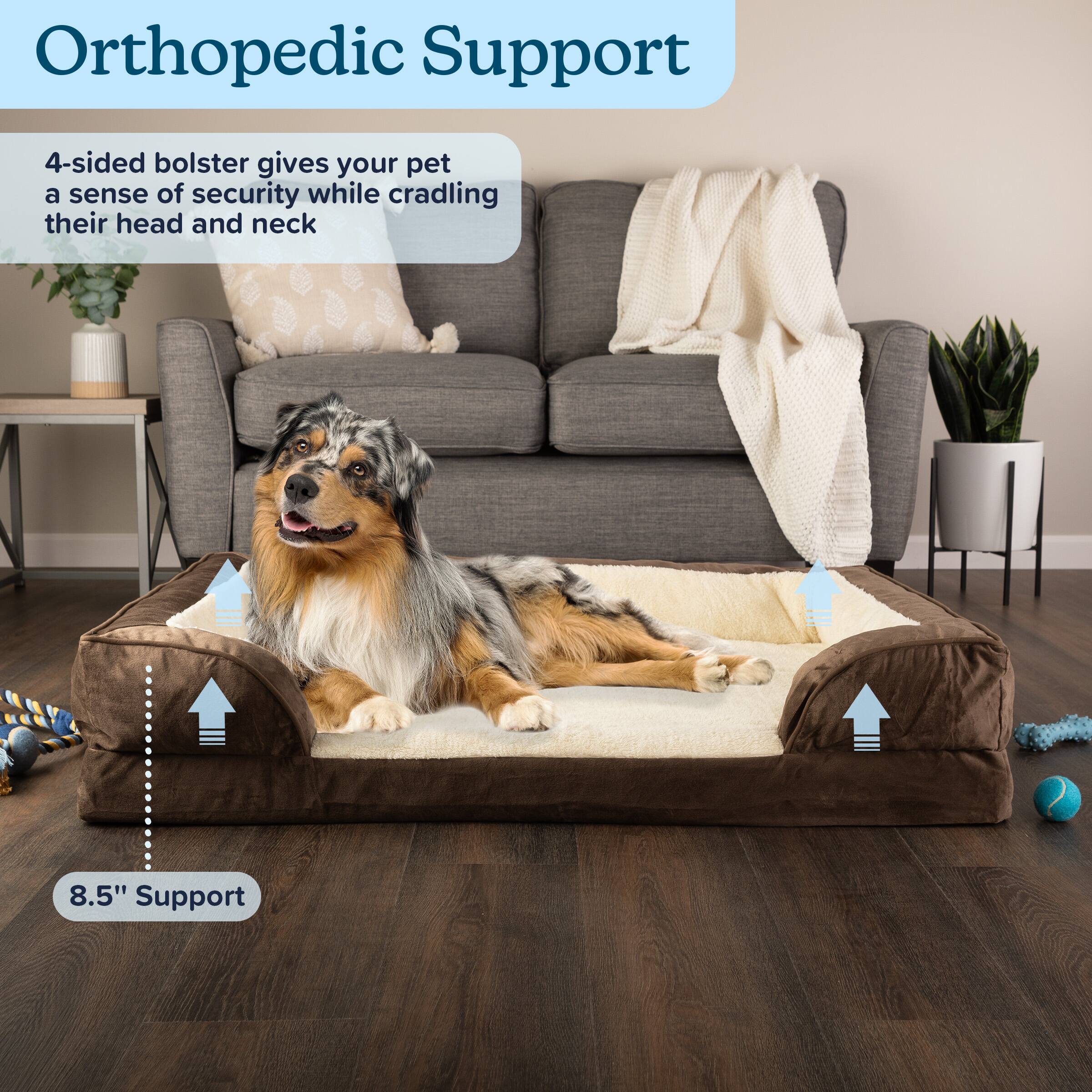Orthopedic Support

4-sided bolster gives your pet a sense of security while cradling their head and neck

8.5" Support