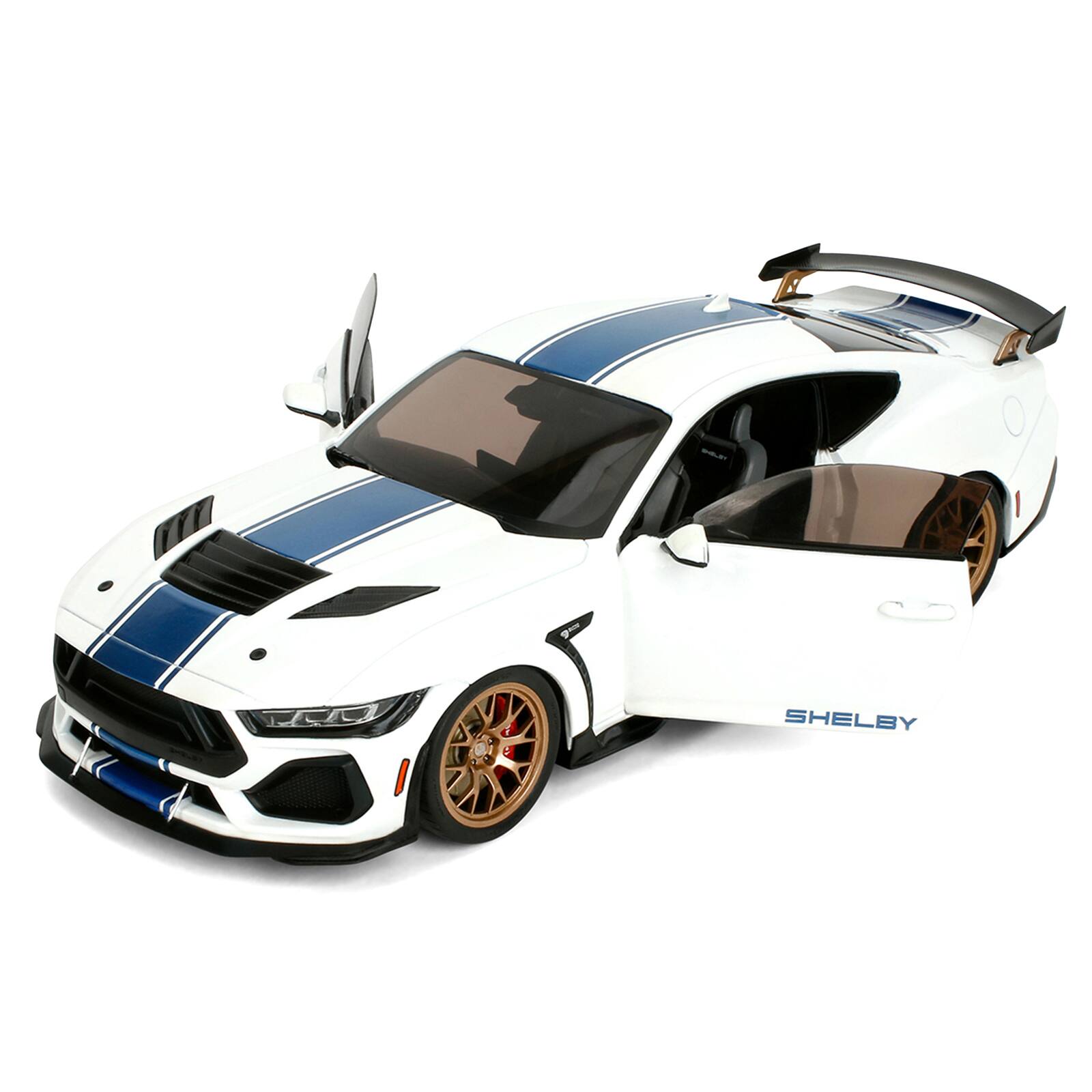 Alt View 1. Jada - Ford Mustang Shelby Super Snake White Metallic with Blue and Gold Wheels "Pink Slips" Series 1/18 Model Car by Jada.