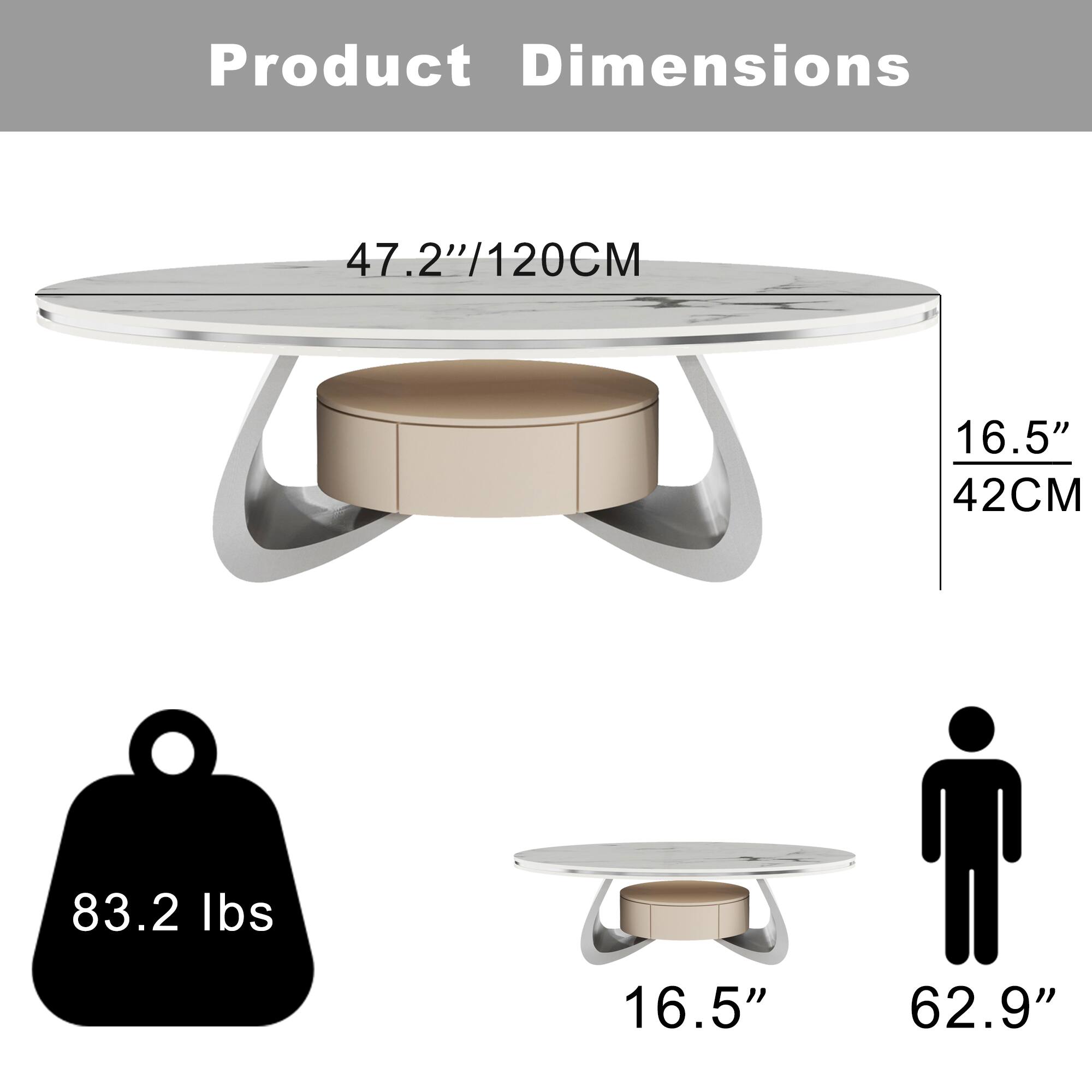 Product Dimensions

- Diameter: 47.2" / 120 CM
- Height: 16.5" / 42 CM
- Weight: 83.2 lbs
- Seat Height: 16.5"
- Overall Height: 62.9"