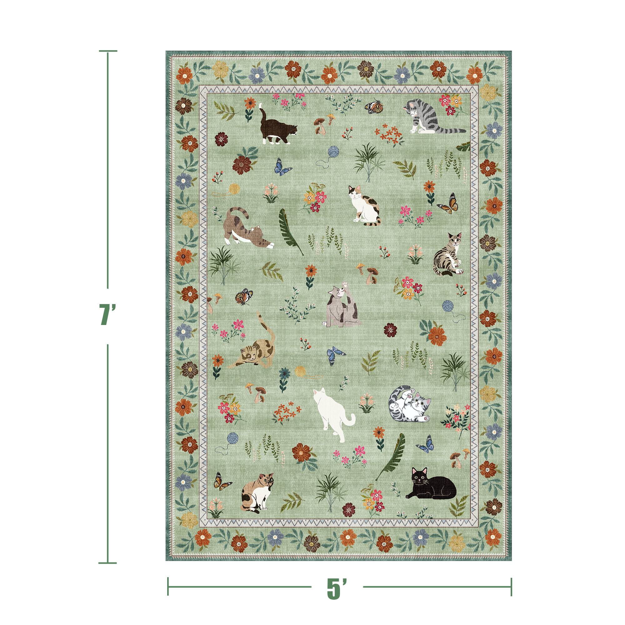 Alt View 1. KERDOM - 5x7 ft Area Rug Adorable Cat Design – Medium Animal Carpet for Living Room & Playroom, Non-Slip Washable Pet Lover Gift - Green.