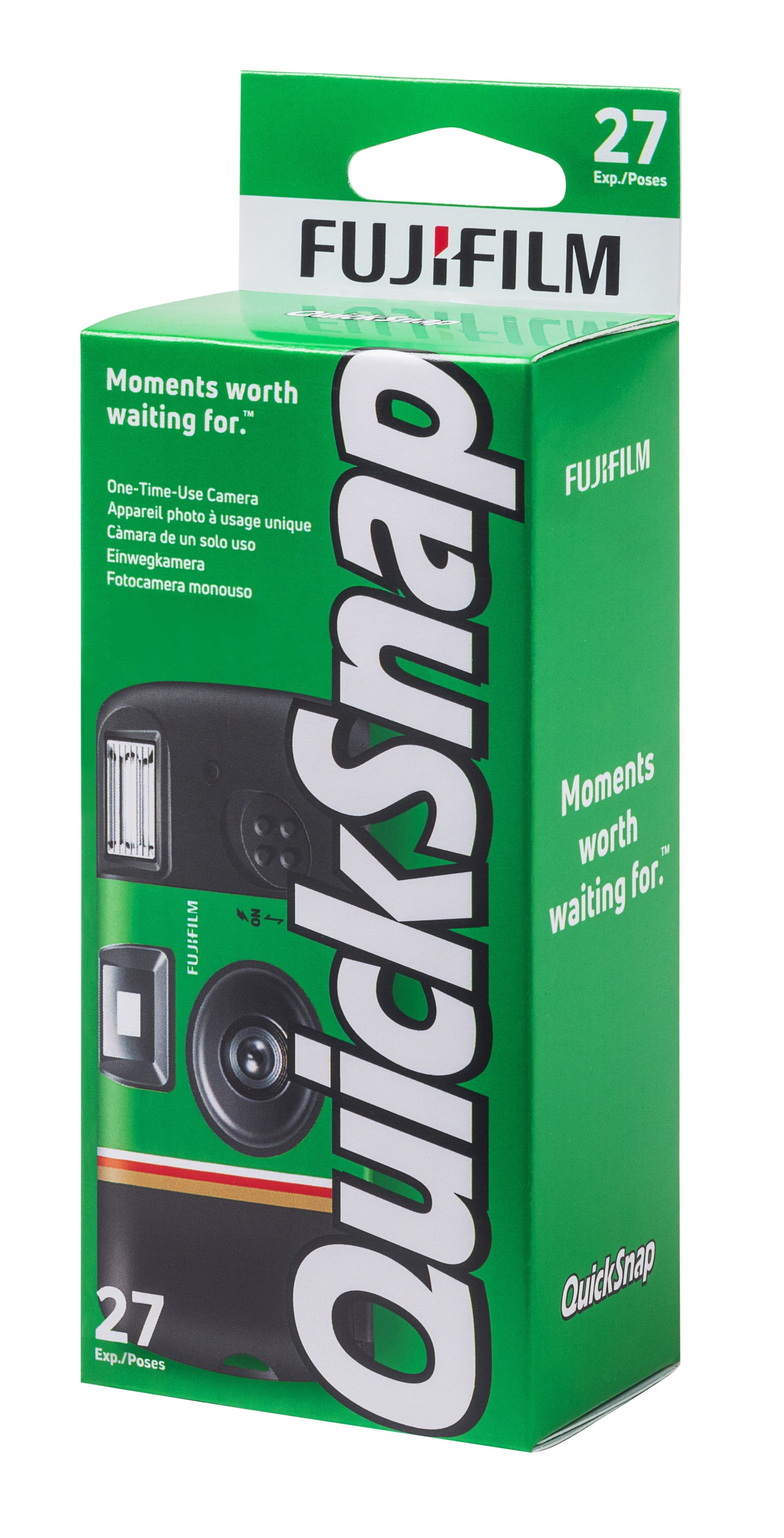 "27 Exp./Poses FUJIFILM QuickSnap for moments worth waiting for. One-Time-Use Camera. FUJIFILM Appareil photo usage Cmara unique de un solo uso Einwegkamera Fotocamera monouso Moments worth T QuickSnap for."