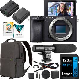 Sony - a6400 Mirrorless Camera Body ILCE-6400/B + 2 Battery, Mic, 128GB & More Bundle