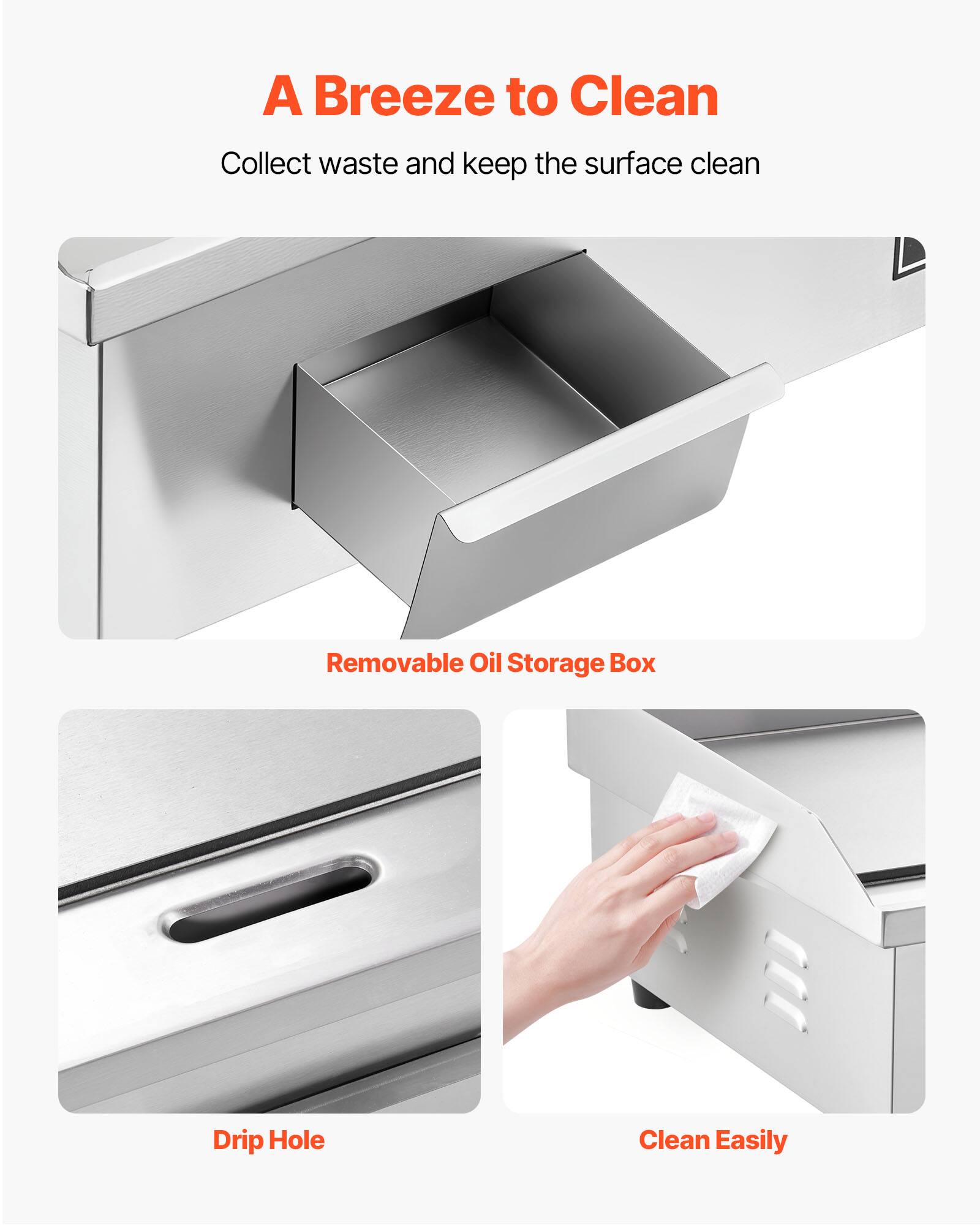 A Breeze to Clean  
Collect waste and keep the surface clean  

Removable Oil Storage Box  

Drip Hole  

Clean Easily