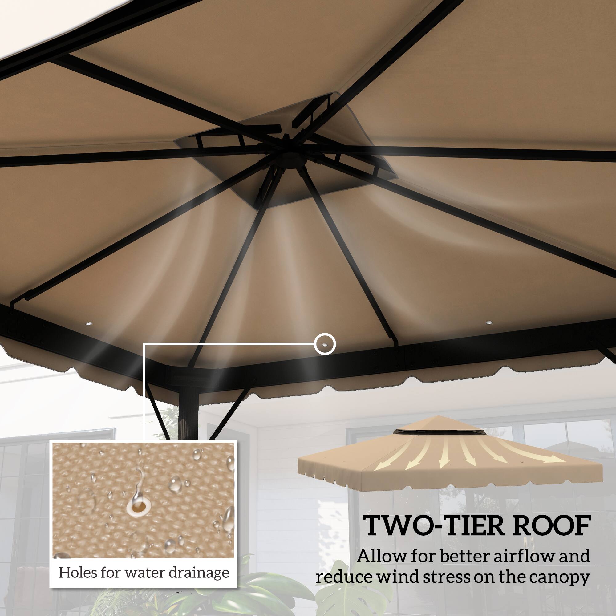 TWO-TIER ROOF: Allow for better airflow and reduce wind stress on the canopy

Holes for water drainage