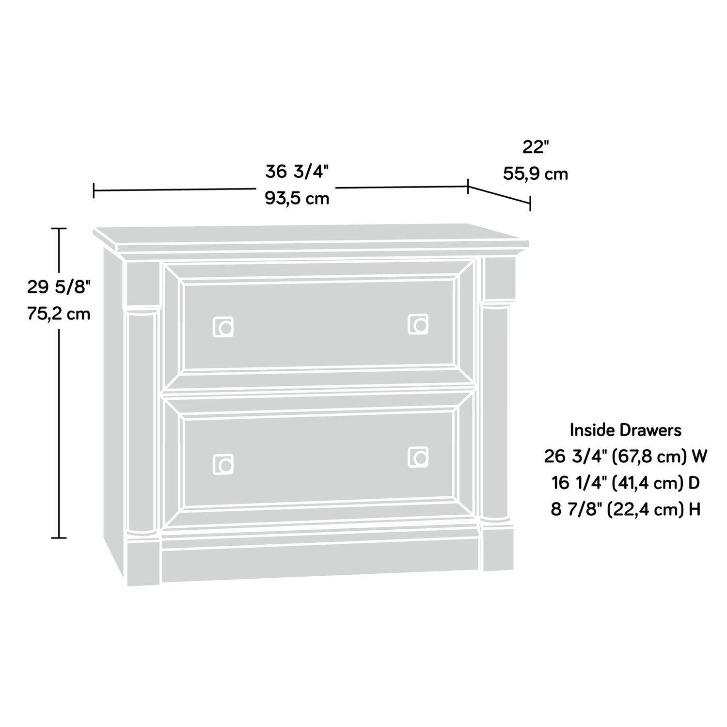 36 3/4" (93,5 cm)  
22" (55,9 cm)  
29 5/8" (75,2 cm)  

Inside Drawers  
26 3/4" (67,8 cm) W  
16 1/4" (41,4 cm) D  
8 7/8" (22,4 cm) H