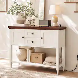Aheaplus - 41.7'' Farmhouse Console Table with Charging Station, Narrow Sofa Table with 2 Drawers, Doors and Open Shelf - Off White & Walnut
