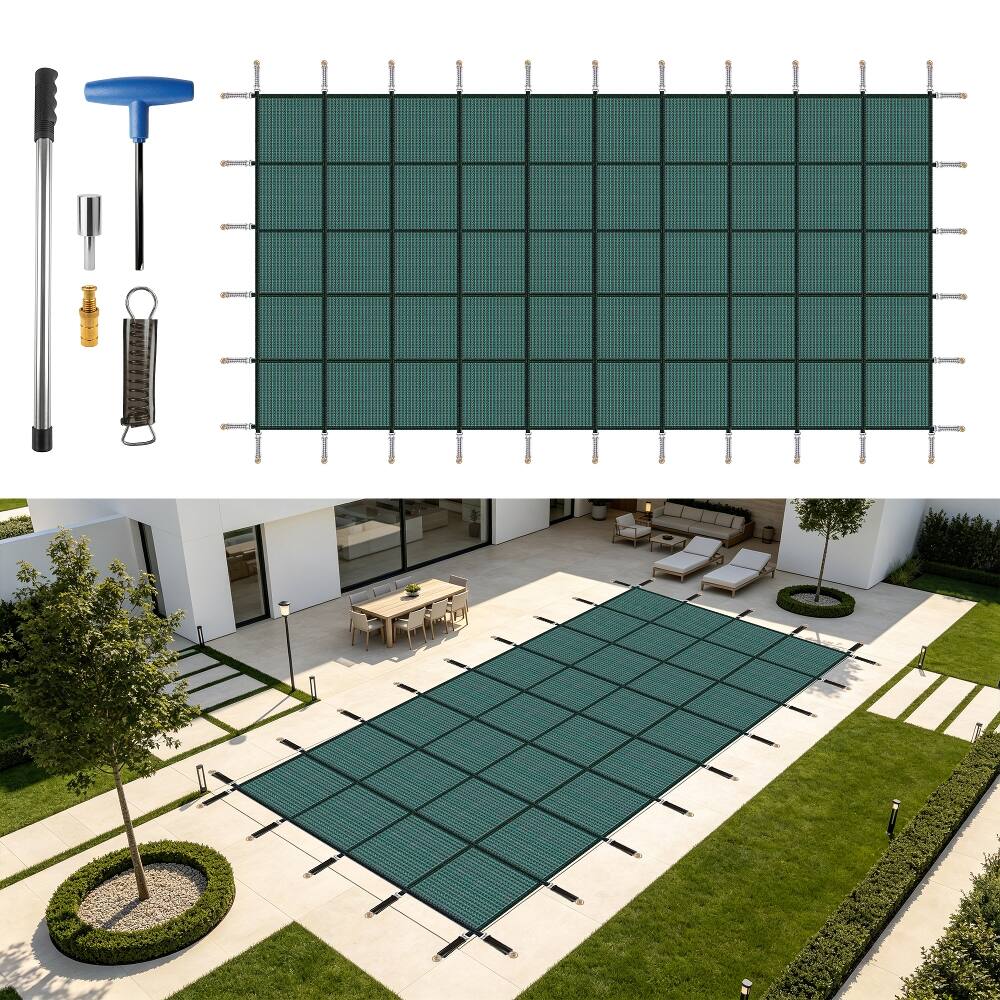 Angle. Ropilly - Ropilly 25x45ft Inground Pool Safety Cover Rectangular Winter Pool Cover with Brass Anchors Green.
