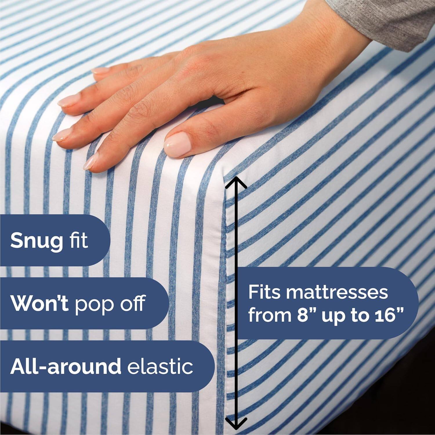 - Snug fit
- Won't pop off
- Fits mattresses from 8" up to 16"
- All-around elastic