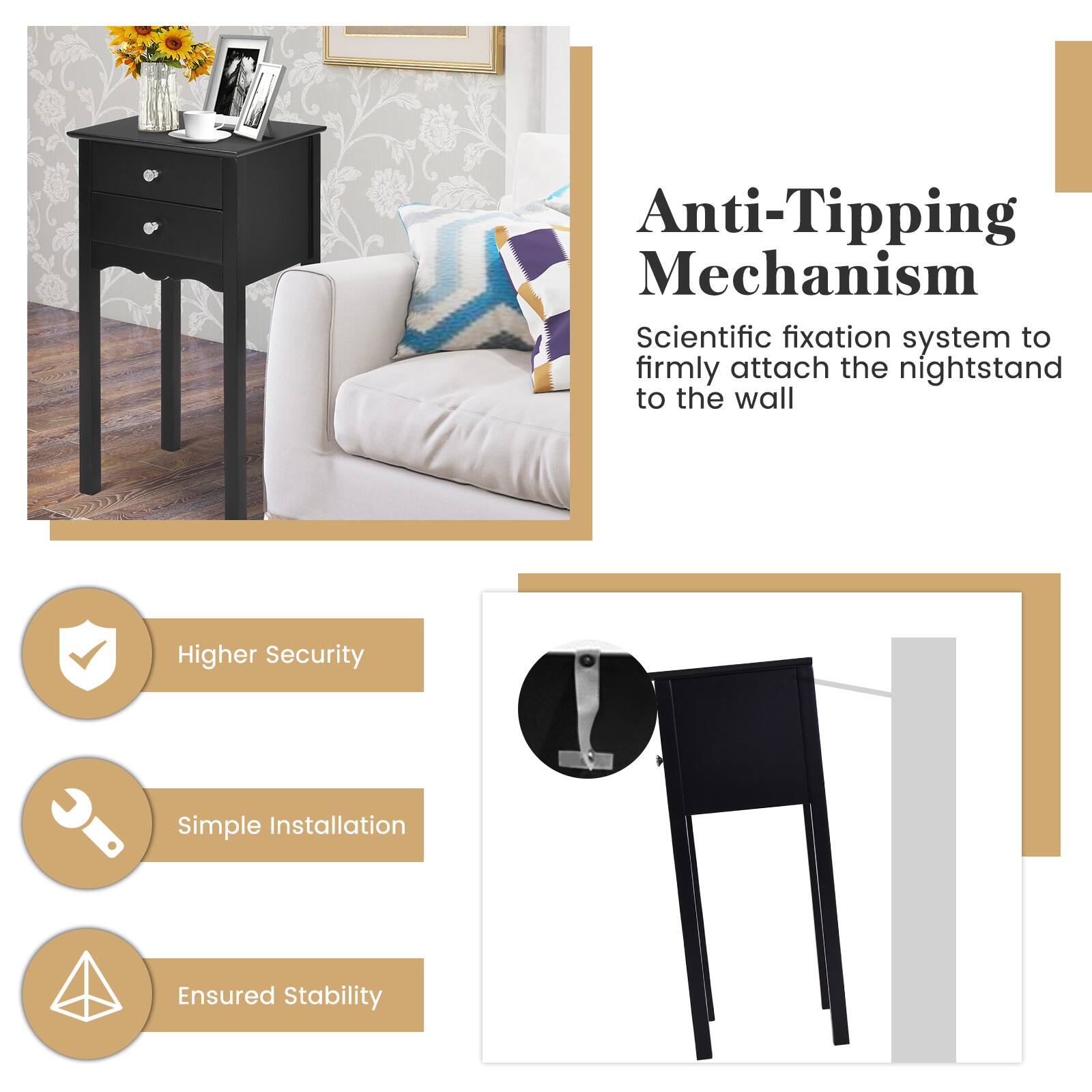 Anti-Tipping Mechanism, Scientific fixation system to firmly attach the nightstand to the wall, Higher Security, Simple Installation, Ensured Stability