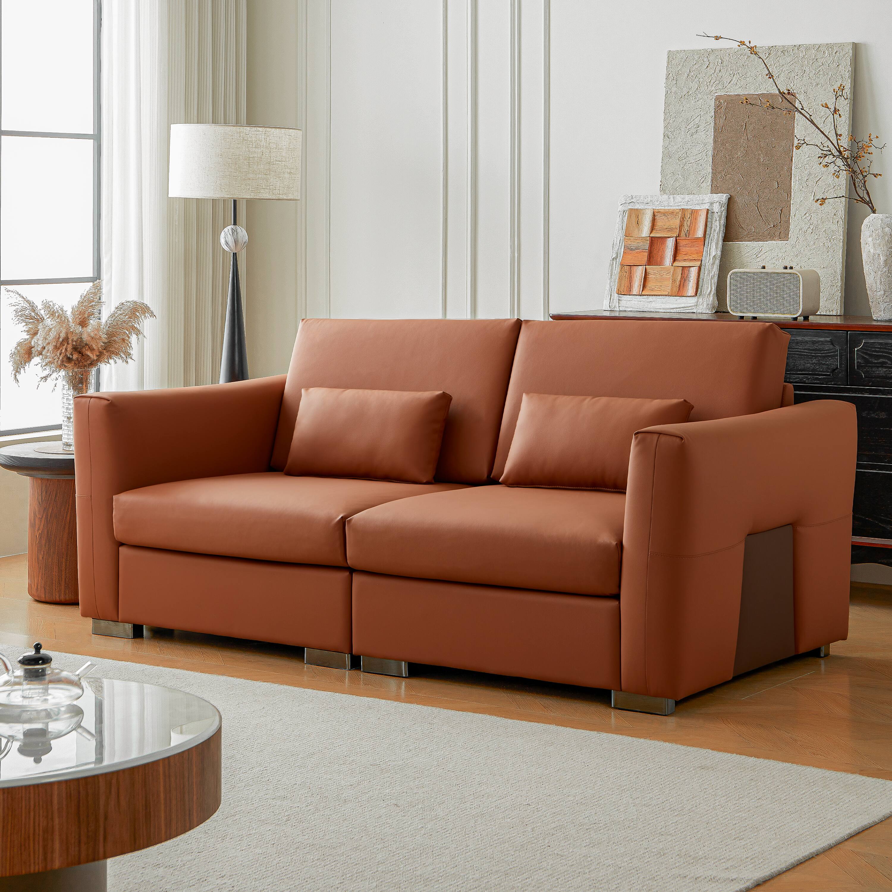Front. MSOOB - Oversized Orange Leather Sofa Couch, Mid Century Modern Luxurious Upholstered Sectional Couch With Deep Seat - Brown.
