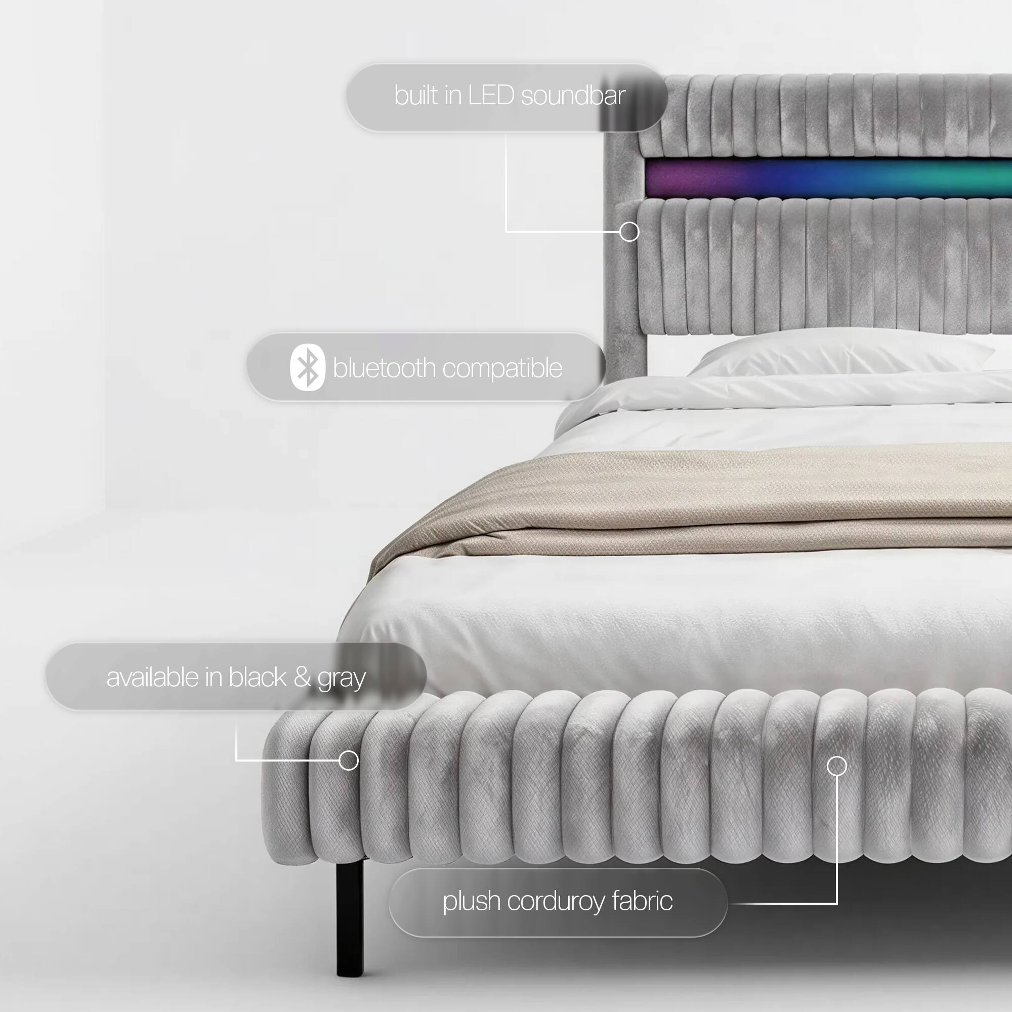 - built in LED soundbar
- bluetooth compatible
- available in black & gray
- plush corduroy fabric