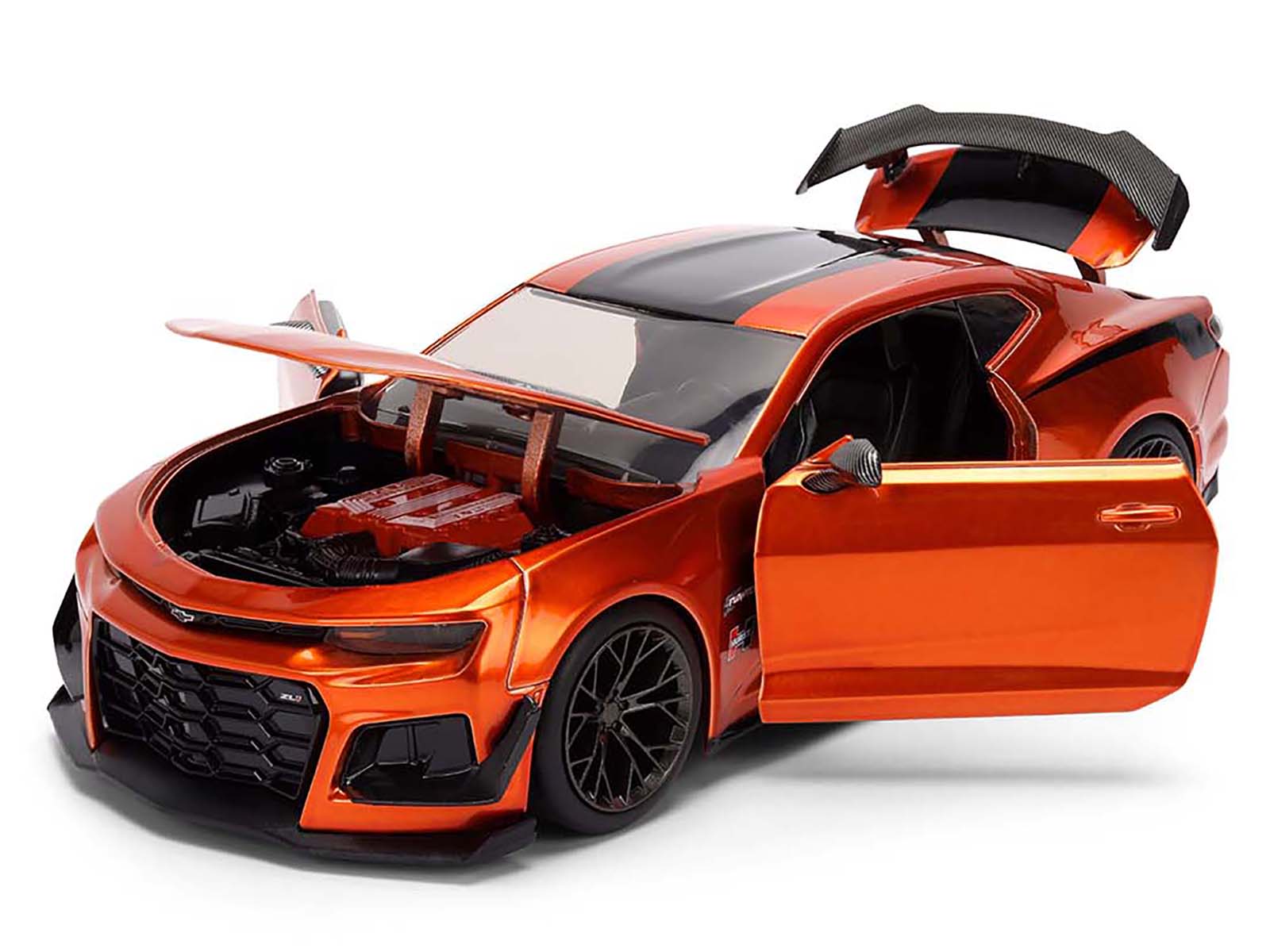 Angle. Jada - 2024 Chevrolet Camaro ZL1 1LE Orange Metallic with Black Stripes "Bigtime Muscle" Series 1/24 Diecast Model Car by Jada - Orange Metallic with Black.