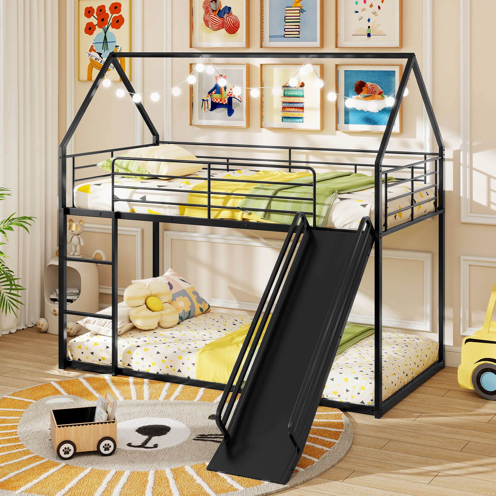 Alt View 1. Costway - Costway Twin Over Twin Low Bunk Bed House-shaped Metal Bunk Bed Frame with Safety Guardrail - Black.