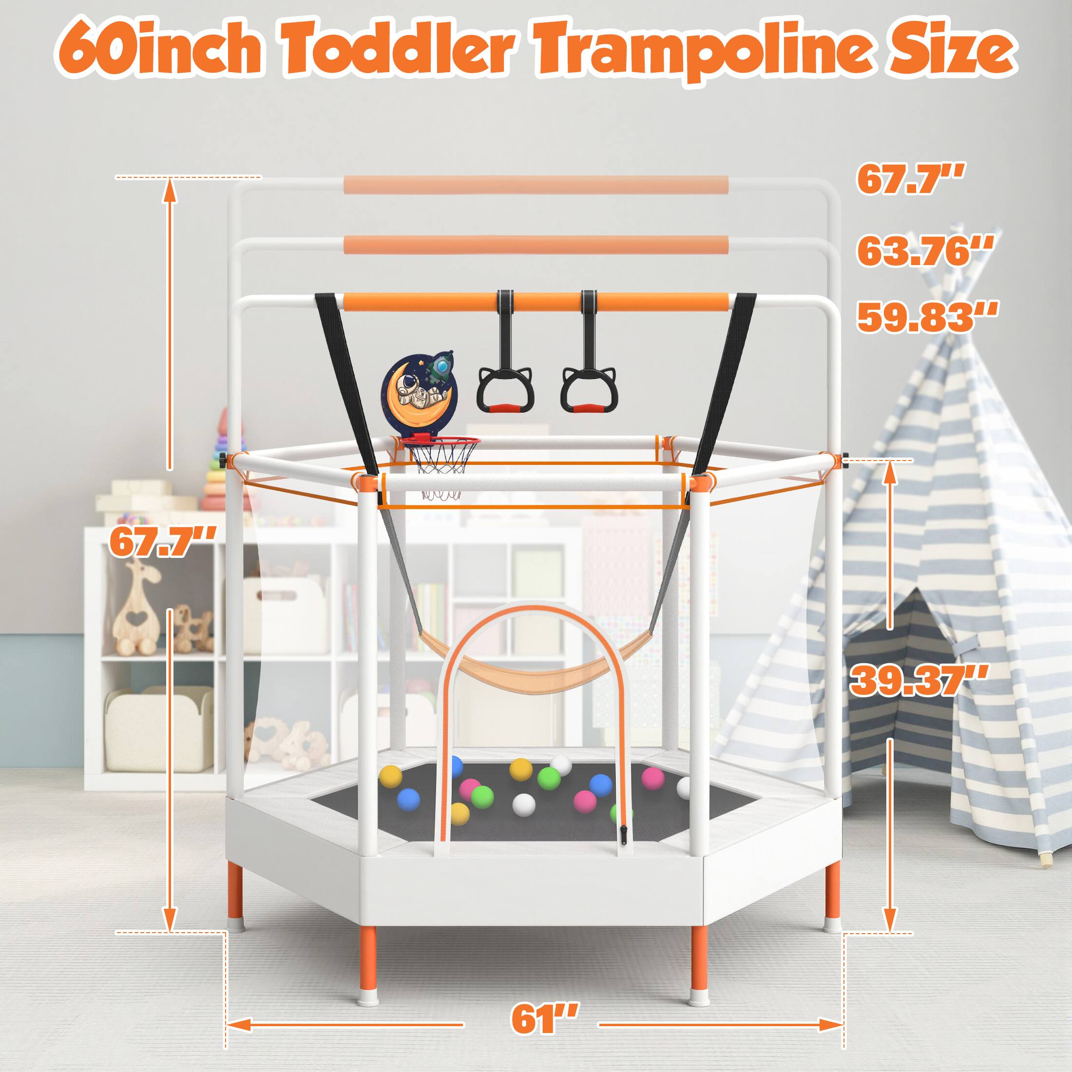 60inch Toddler Trampoline Size

67.7"  
63.76"  
59.83"  
39.37"  
61"