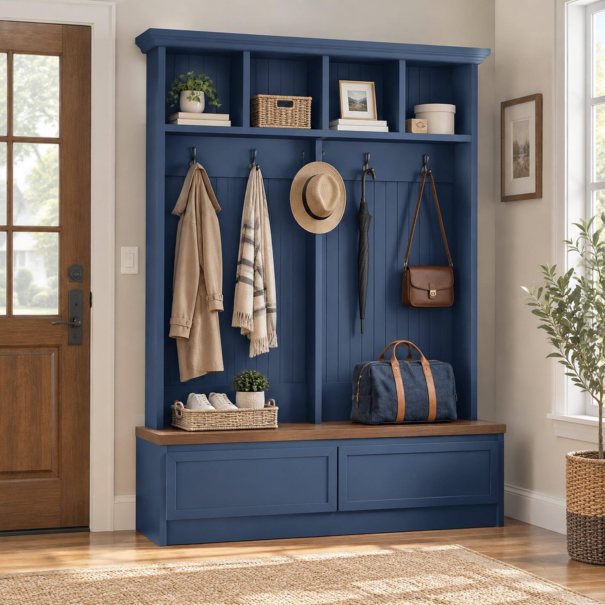 Front. RYHNUYNE - 4-in-1 Hall Tree, 55.9 in Wide, Wood Grain Bench, 2 Drawers, 6 Hooks, Blue and Walnut, Mudroom Organizer - Blue.