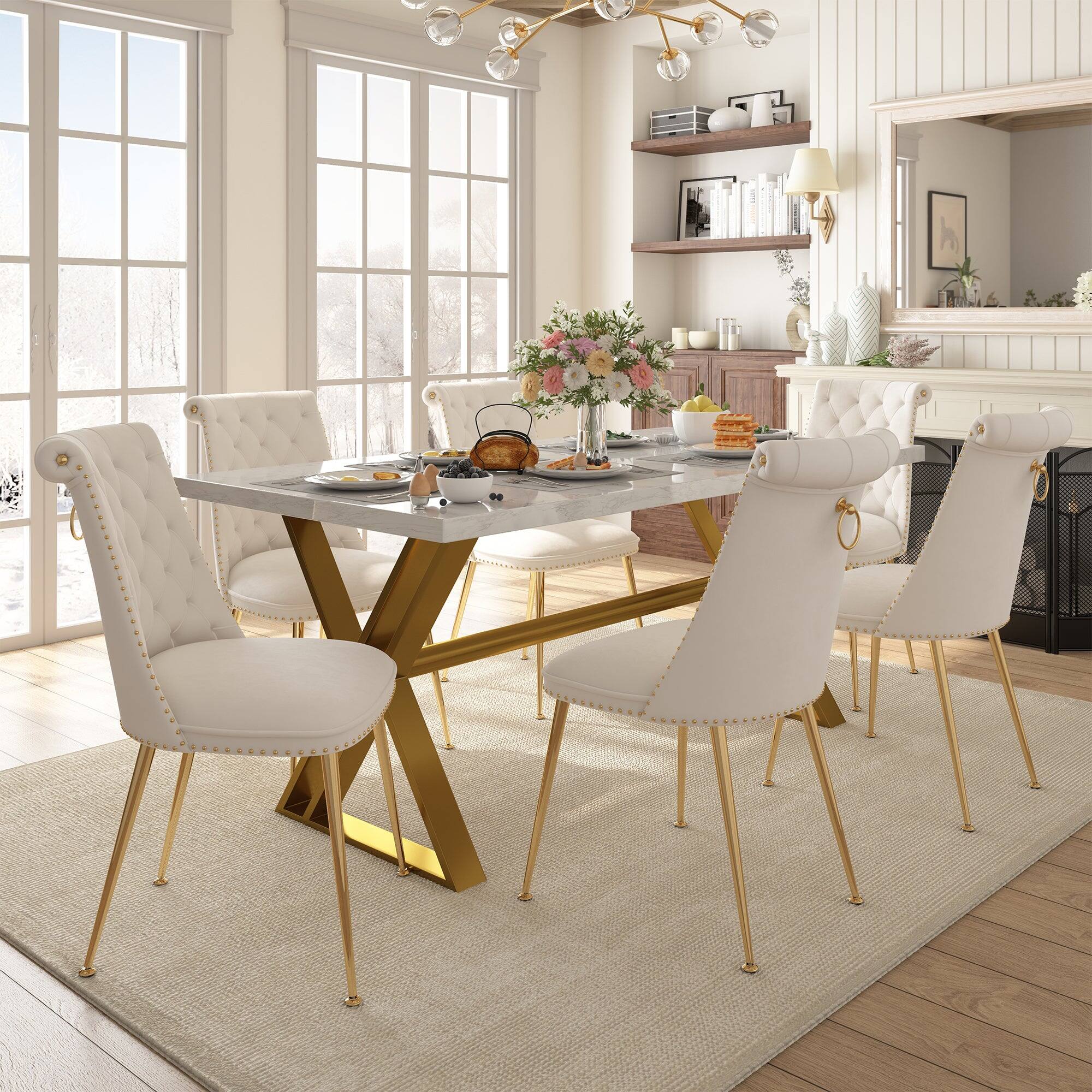 Alt View 3. Boyel Living - White Marble 70.87 Inch Cross Legs Dining Table Seats 6 Modern Gold Stainless Steel Base - White.