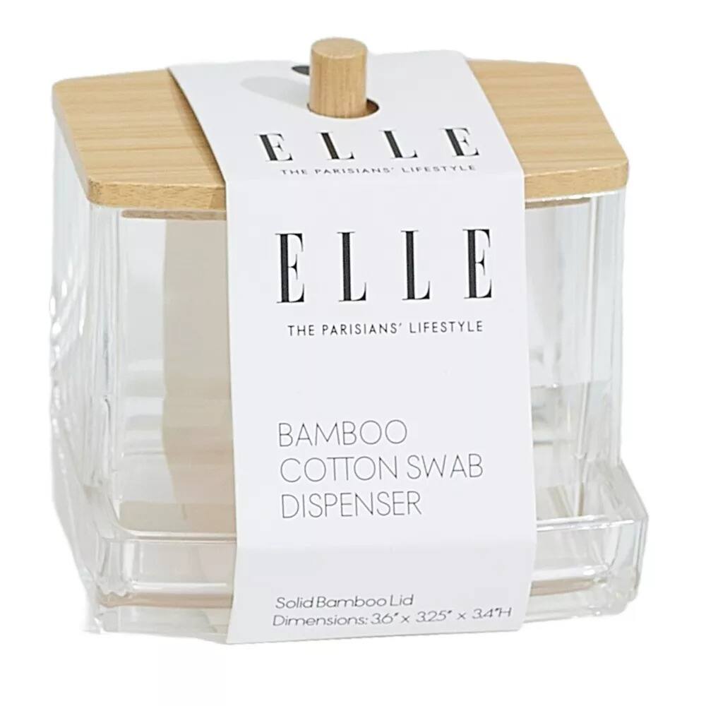 ELLE THE PARISIANS' LIFESTYLE BAMBOO COTTON SWAB DISPENSER Solid Bamboo Lid Dimensions: 36 x 32.5 x 34H