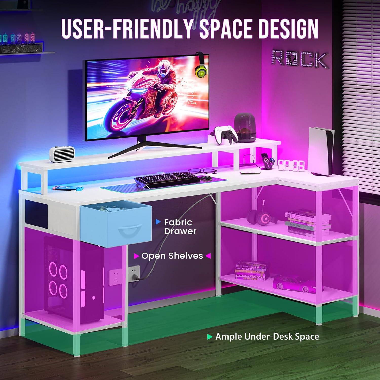 USER-FRIENDLY SPACE DESIGN

- Fabric Drawer
- Open Shelves
- Ample Under-Desk Space