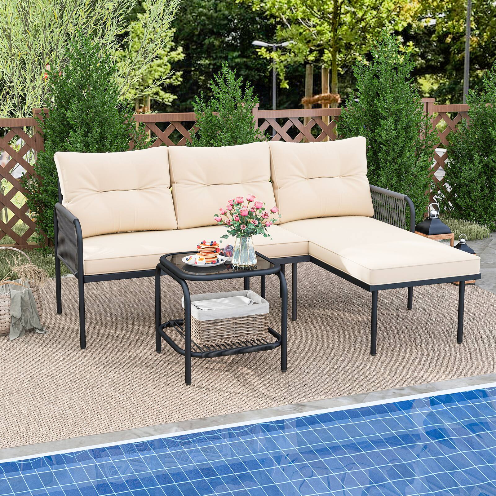 Gymax - 3-Piece L Shaped Patio Furniture Set w/Tempered Glass Table Back & Seat Cushions - Black,Beige price history on PriceWatchPro