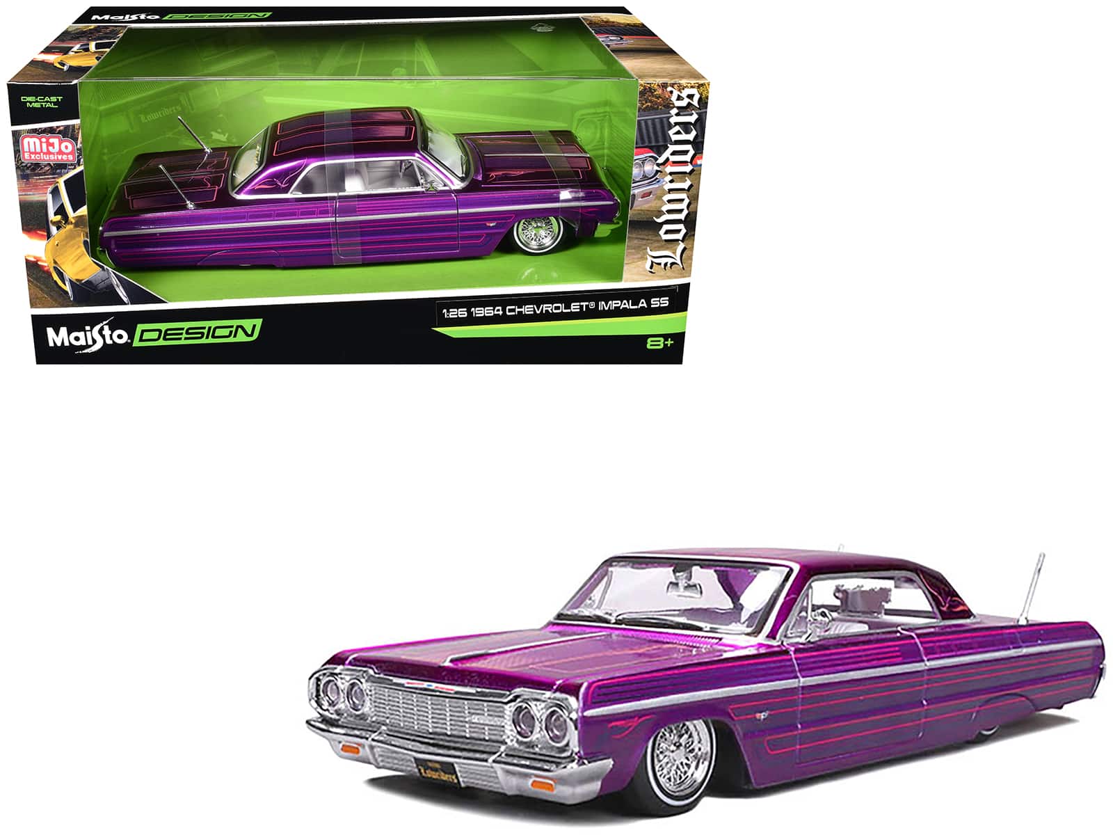 Maisto - 1964 Chevrolet Impala SS Lowrider Candy with Graphics and White Interior "Lowriders" "Maisto Design" Series 1/26 - Purple