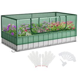 Gymax - 69'' x 36'' x 28'' Galvanized Raised Garden Bed w/ Cover Roll-up Window Greenhouse - Green, Silver