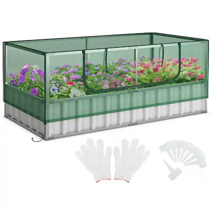 Front. Gymax - Gymax 69'' x 36'' x 28'' Galvanized Raised Garden Bed w/ Cover Roll-up Window Greenhouse - Green, Silver.