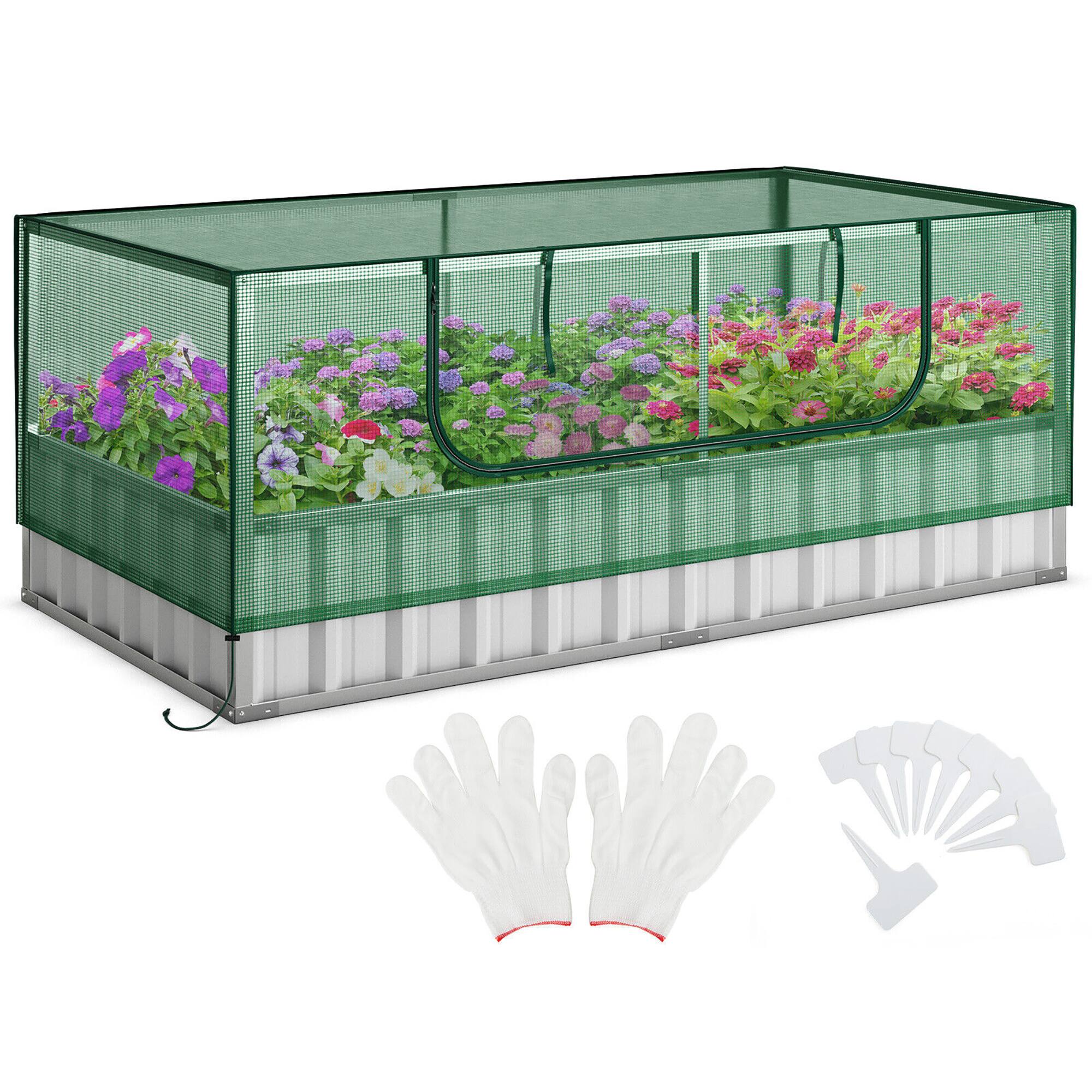 Gymax - 69'' x 36'' x 28'' Galvanized Raised Garden Bed w/ Cover Roll-up Window Greenhouse - Green, Silver